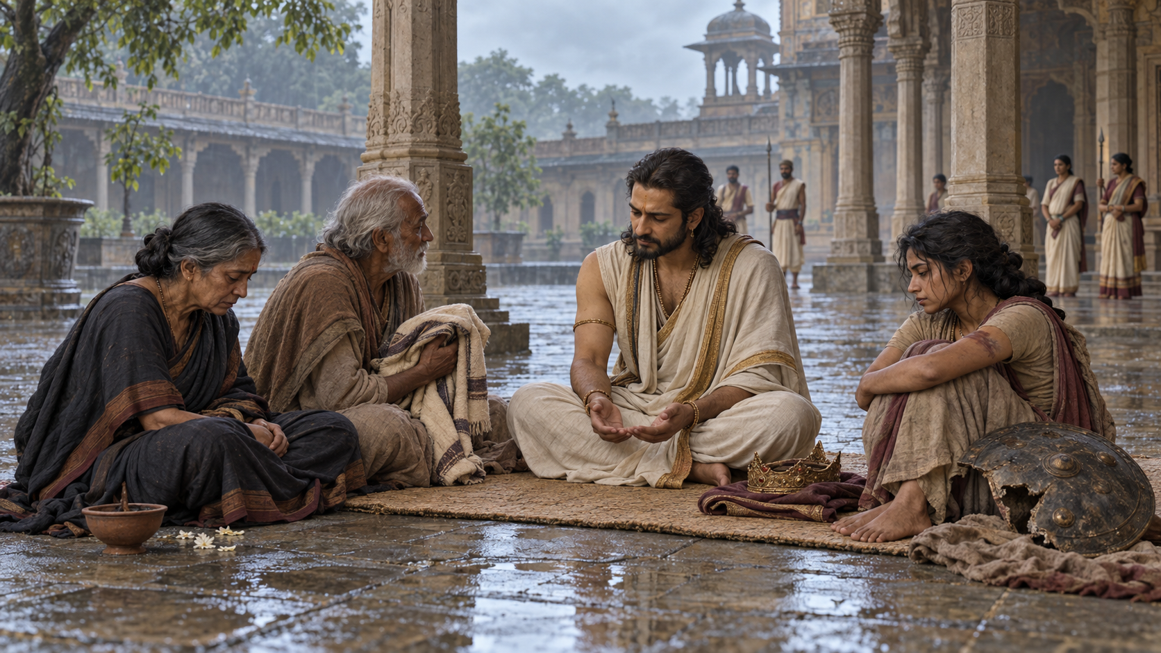 An uncrowned Yudhishthira sits on a courtyard mat and listens to grieving citizens holding personal objects left by family members lost in the war.