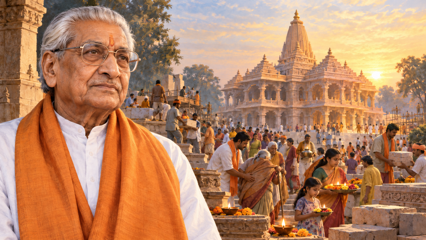 Editorial painting of Ashok Singhal before the Ram Mandir as devotees and volunteers work together in the temple precinct at dawn.