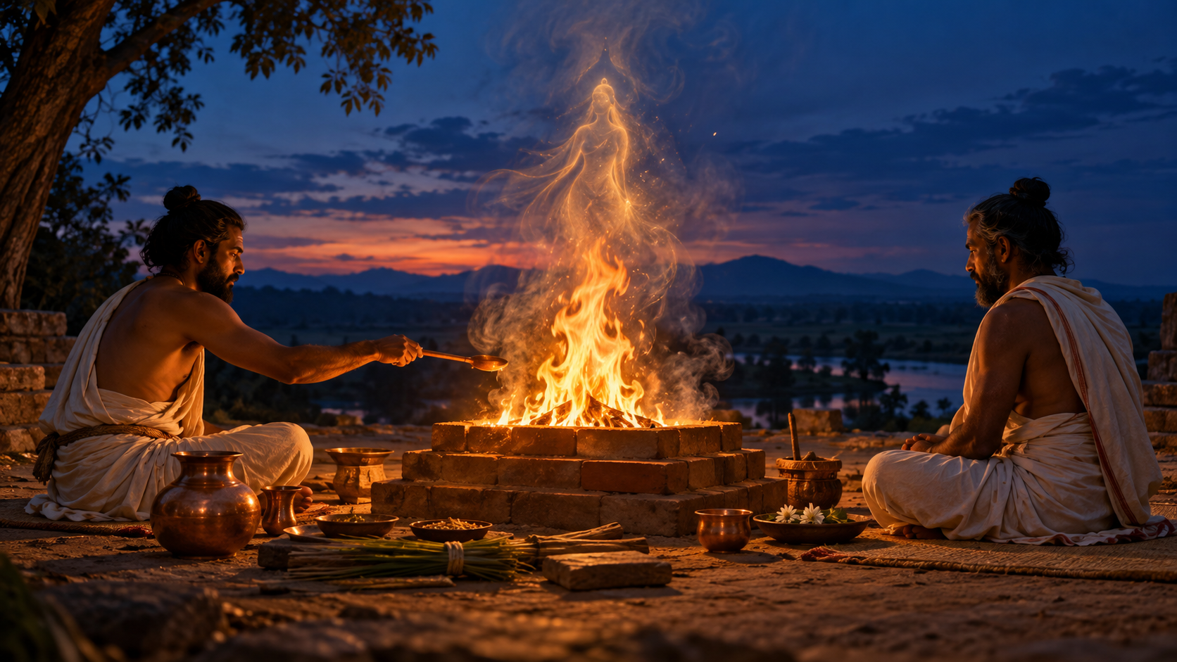 Two practitioners sit beside a square fire altar with copper vessels, ritual grass and offerings at twilight.