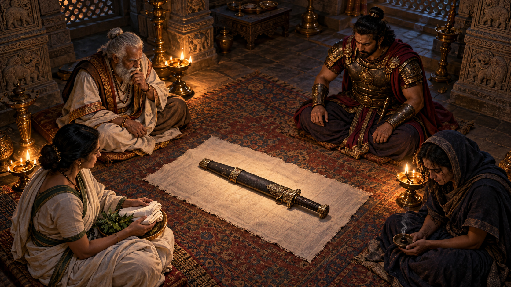 Four figures—an elder counselor, a warrior, a healer, and a grieving civilian—consider a sheathed sword placed at the center of a lamplit council chamber.