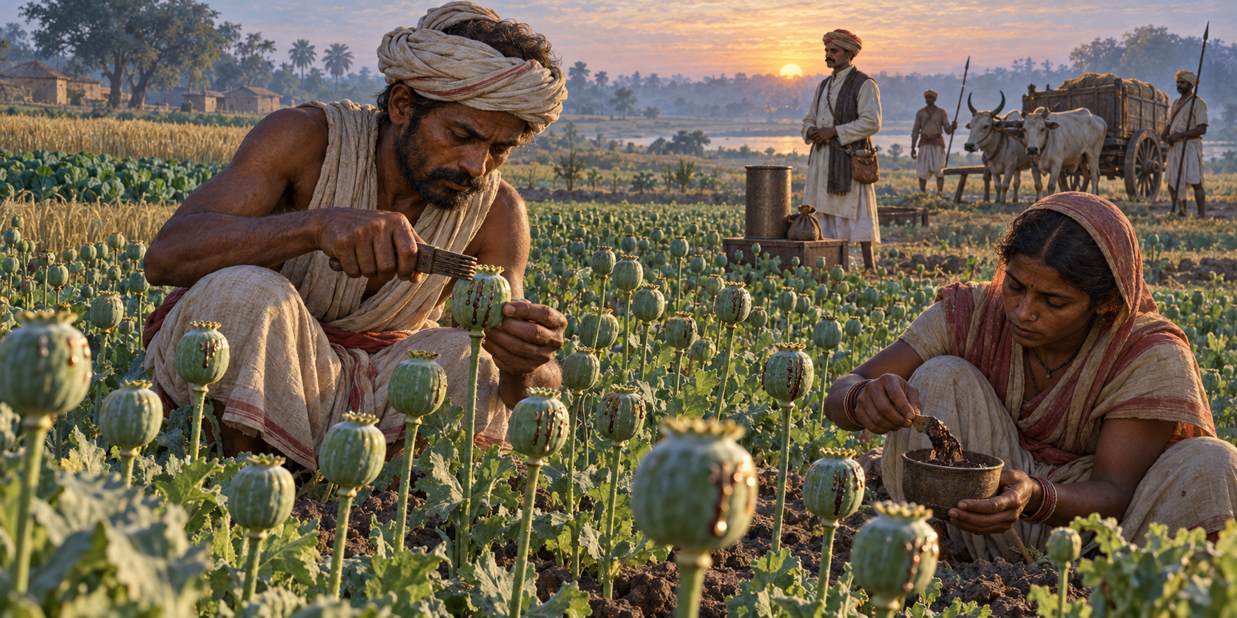 Bihar cultivators score poppy capsules and collect latex in a field while an intermediary and guarded bullock cart wait at the field boundary.
