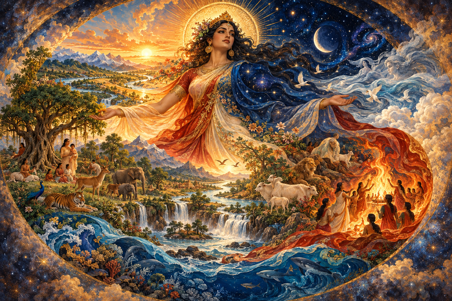 A luminous feminine figure rises amid fire, wind, rivers, earth, stars, plants, animals and small human figures.