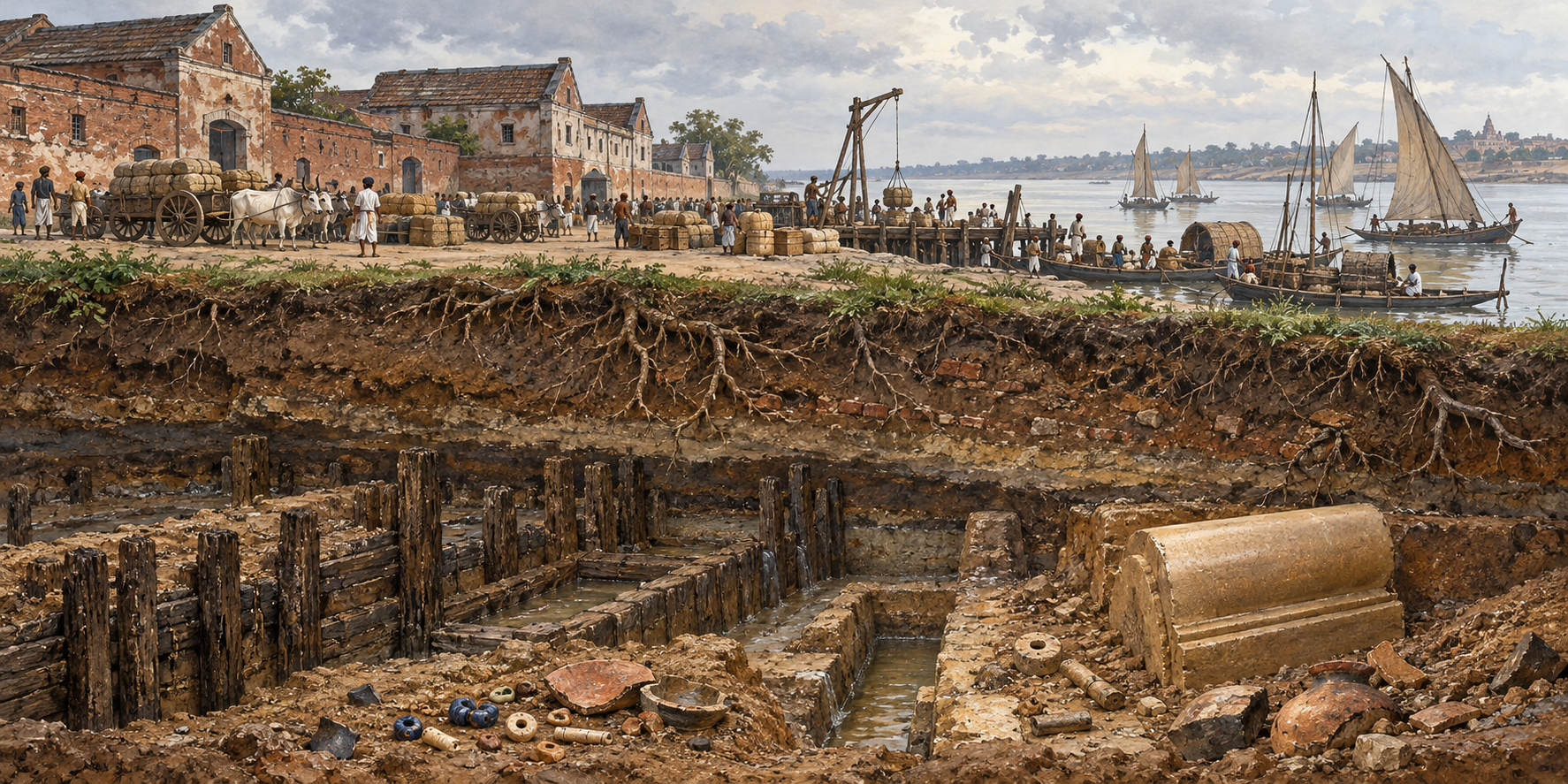 Layered archaeological illustration with Mauryan timber foundations and sandstone remains beneath a later Patna landscape of brick warehouses, carts, and river cargo boats.