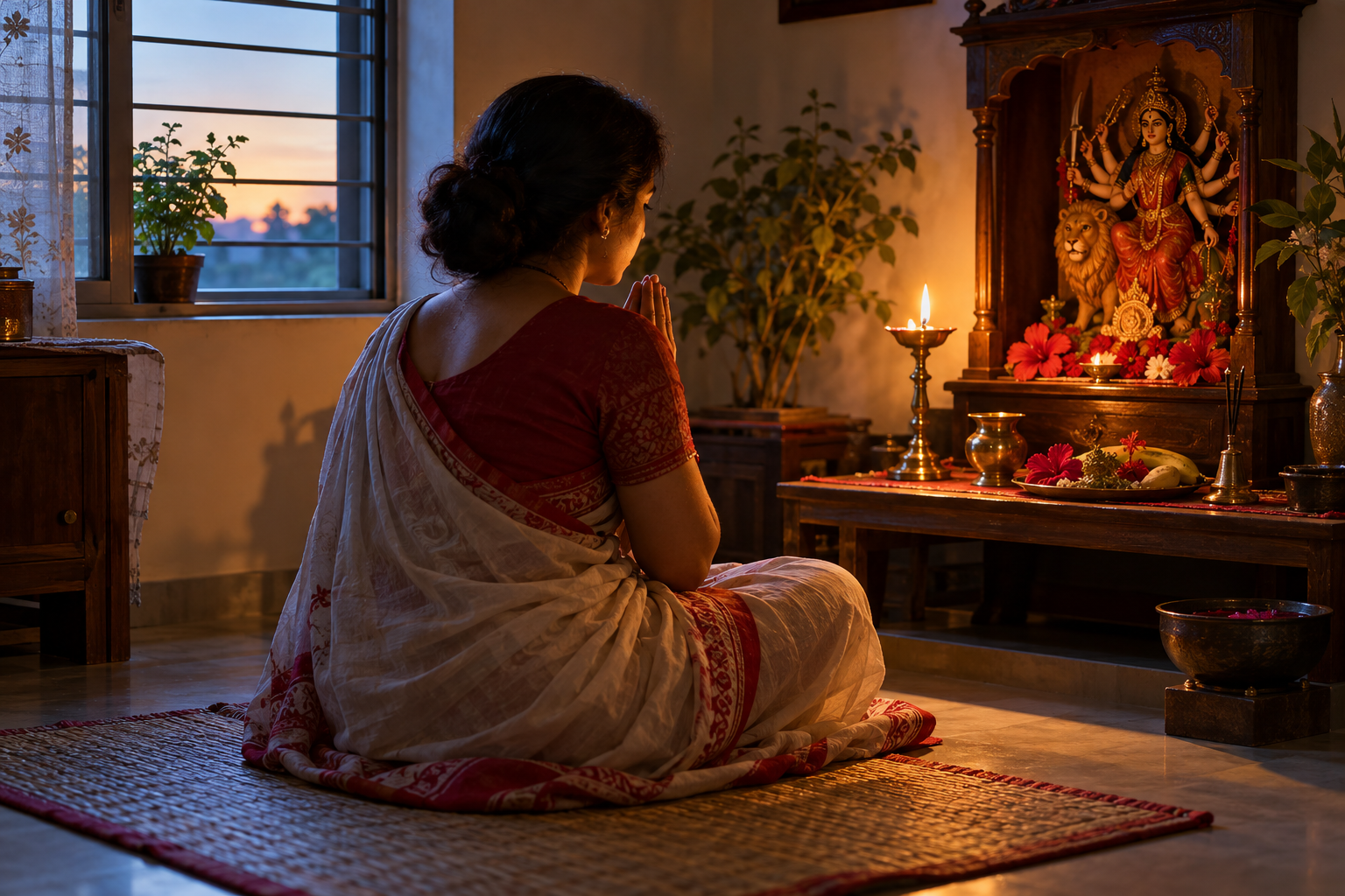 A devotee sits before a simple Durga shrine with a brass oil lamp, water bowl, hibiscus flowers and offerings at dawn.