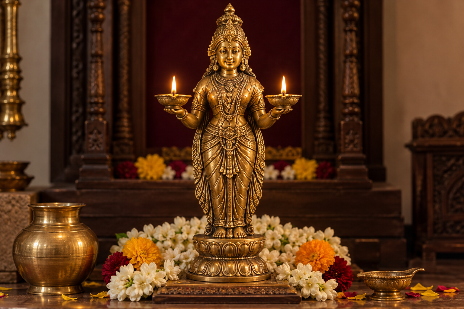 A brass Deepalakshmi figure holds two burning oil lamps in a flower-decorated home shrine.