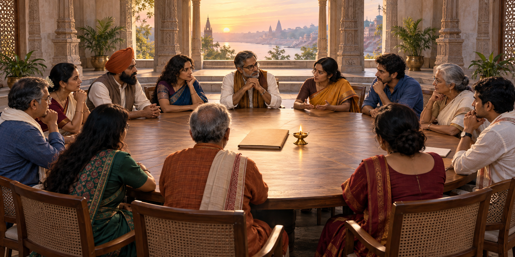 A diverse group of adults sits in a circular hall around an unmarked document folder and a small brass lamp.