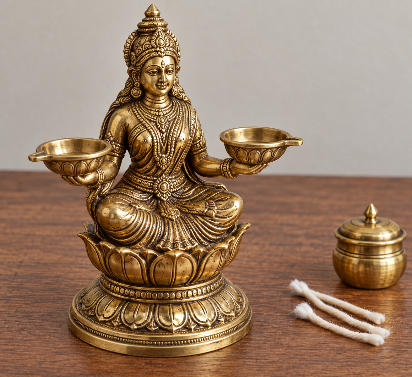 An unlit brass Deepalakshmi figure with two lamp cups is shown beside cotton wicks and a small oil container.