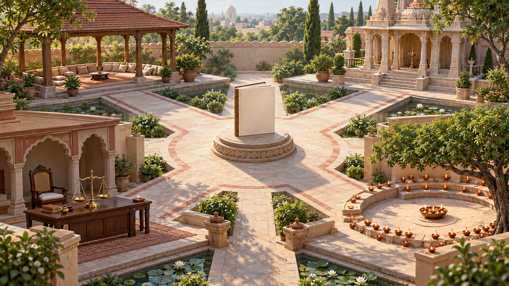 A blank folio on a courtyard plinth stands where four paths lead to a pavilion, temple courtyard, formal chamber, and gathering space.
