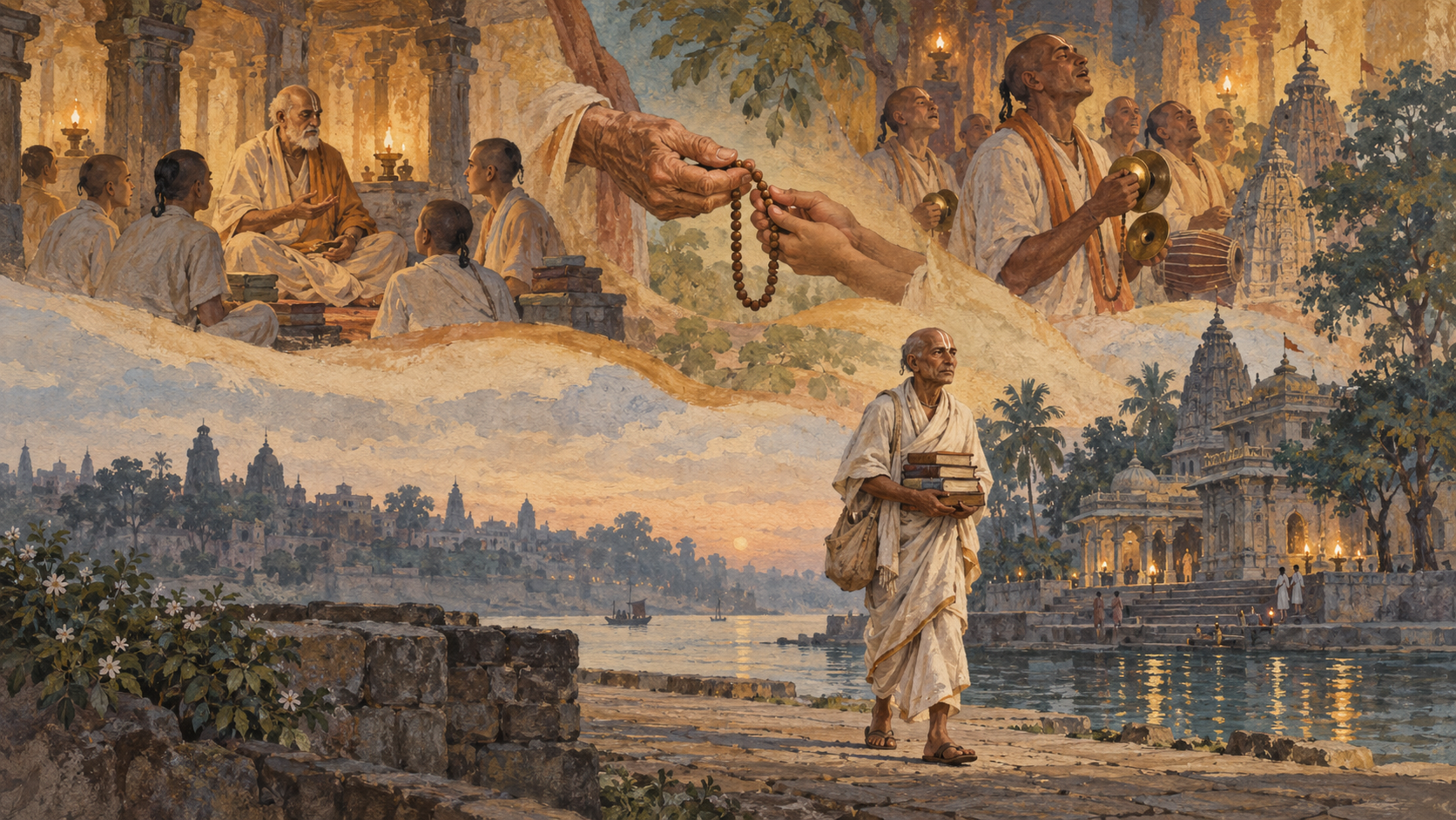A solitary Vaishnava monk carrying a cloth bag and bound books walks before layered scenes of teachers, students, prayer beads, and devotional music.