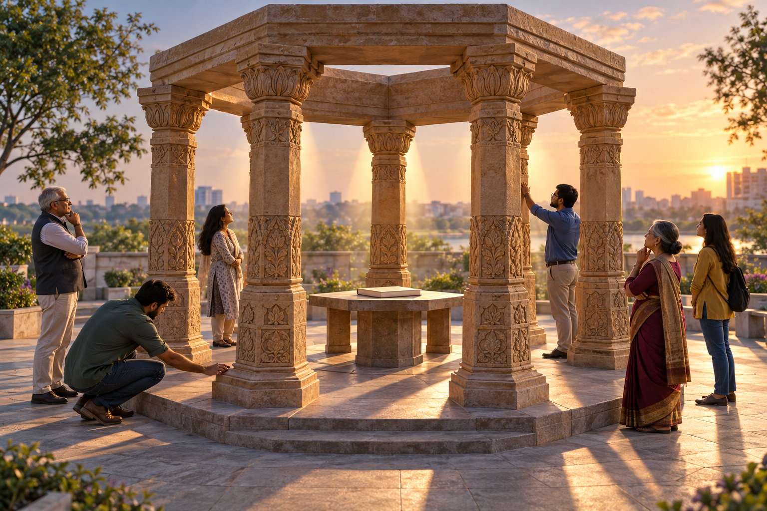 Six stone pillars support an open pavilion while community observers inspect its structure around an unmarked document.