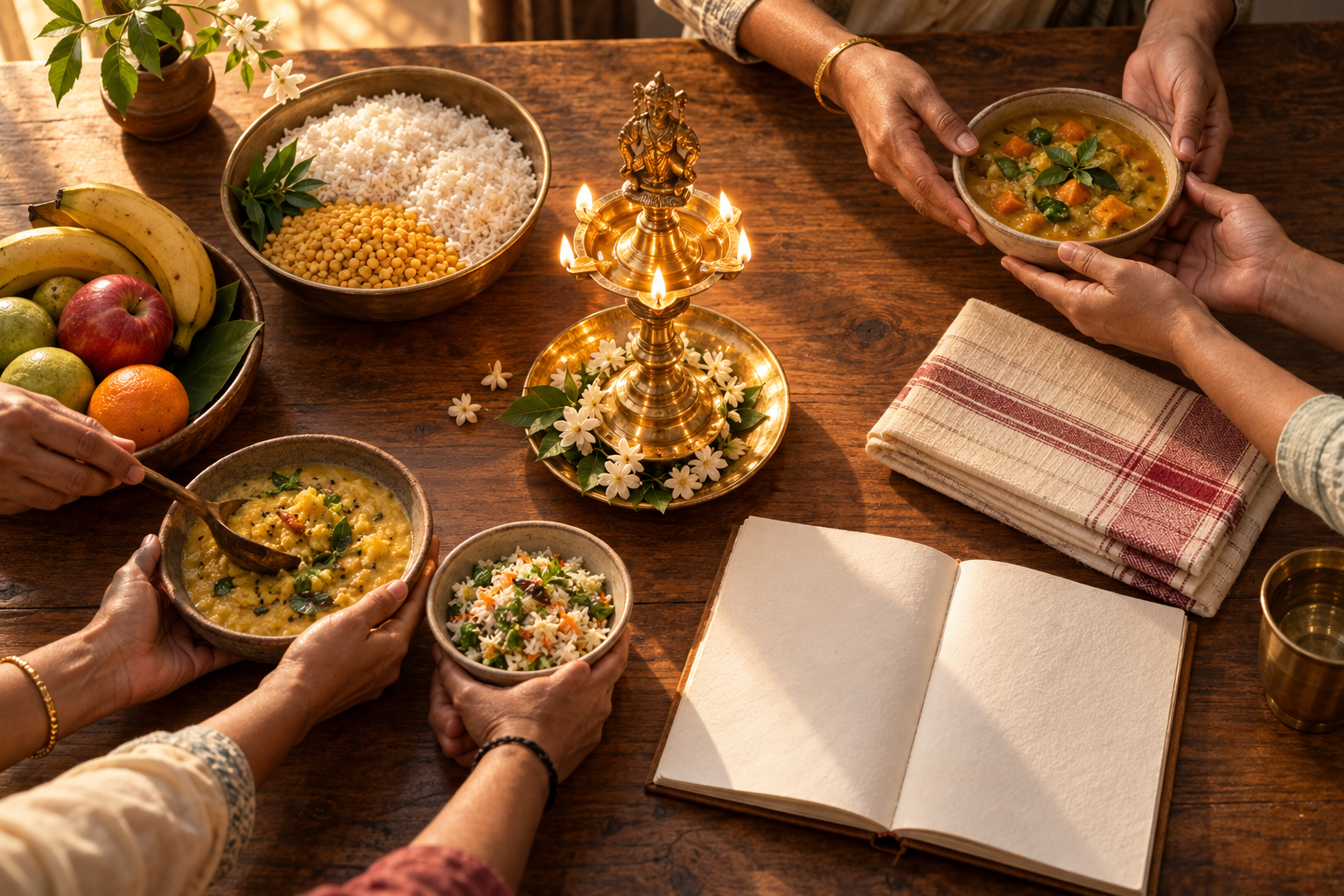 A glowing Deepalakshmi lamp is surrounded by food, cloth, a blank notebook and hands sharing bowls at a table.