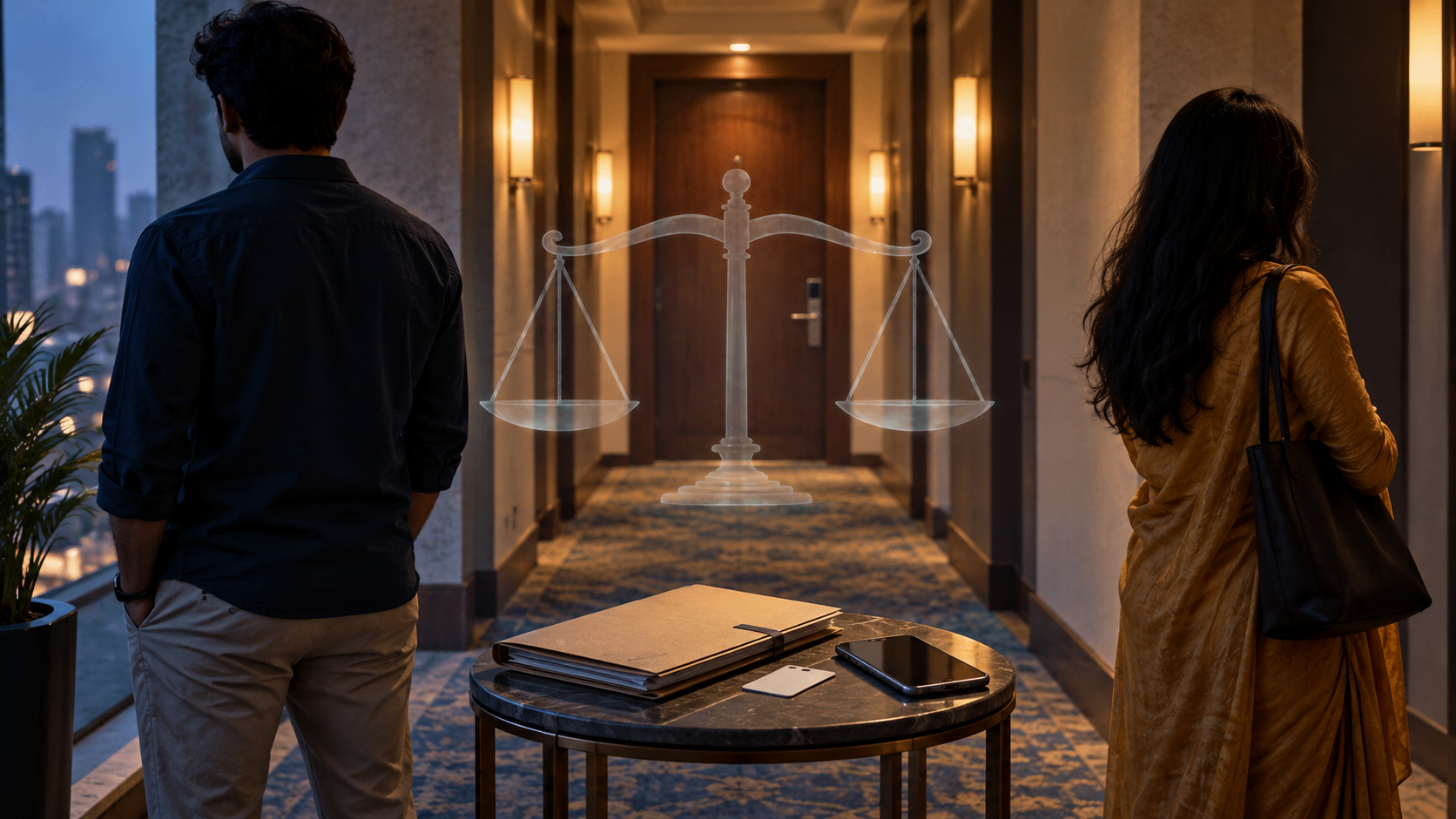Two anonymous adults stand apart in a generic hotel corridor beside a table holding an evidence folder, key card, and smartphone, with a balanced scale motif in the background.