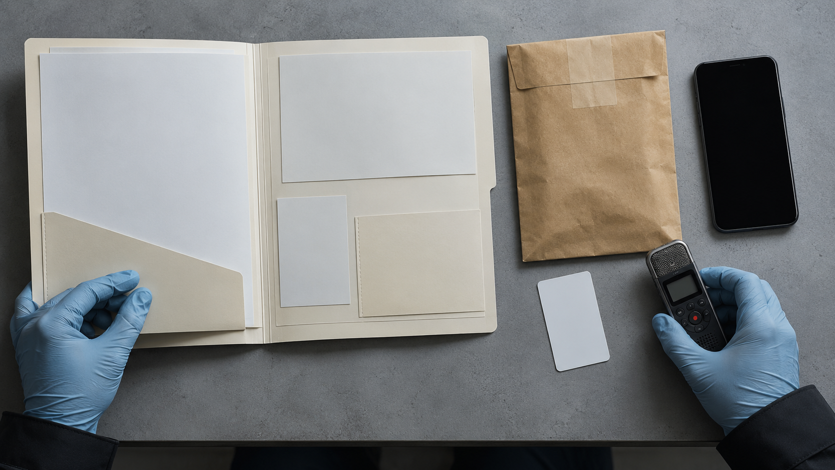 Gloved hands examine a hotel key card, blank-screen phone, recorder, evidence envelope, and incomplete folder on a desk.