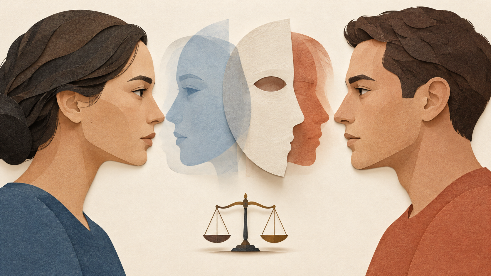 Two anonymous profiles face each other beside transparent portrait layers, one aligned and one partly obscured, above a balanced scale.