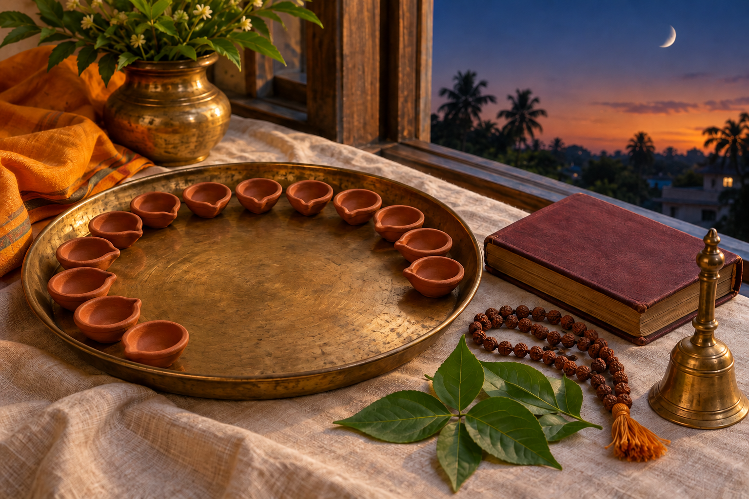 Thirteen clay lamps, a closed traditional calendar book, prayer beads, bilva leaves, and a brass bell arranged beside a window at dusk.