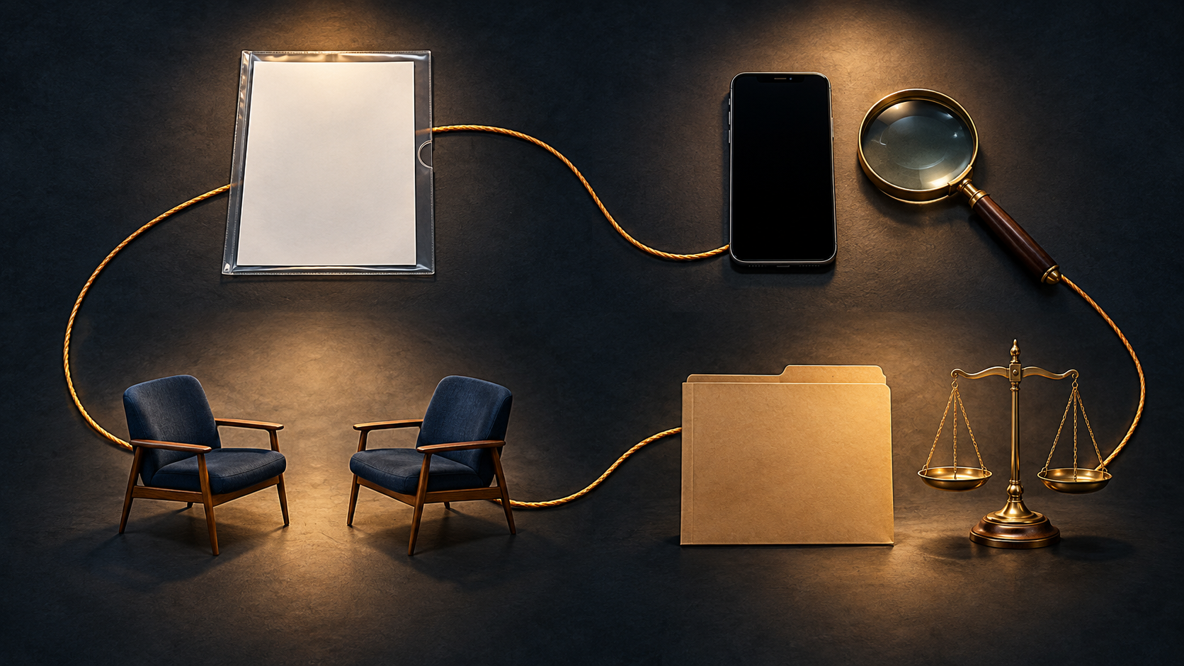Four connected tabletop scenes show a document, a phone with a magnifying glass, two facing chairs, and a sealed folder beside balanced scales.