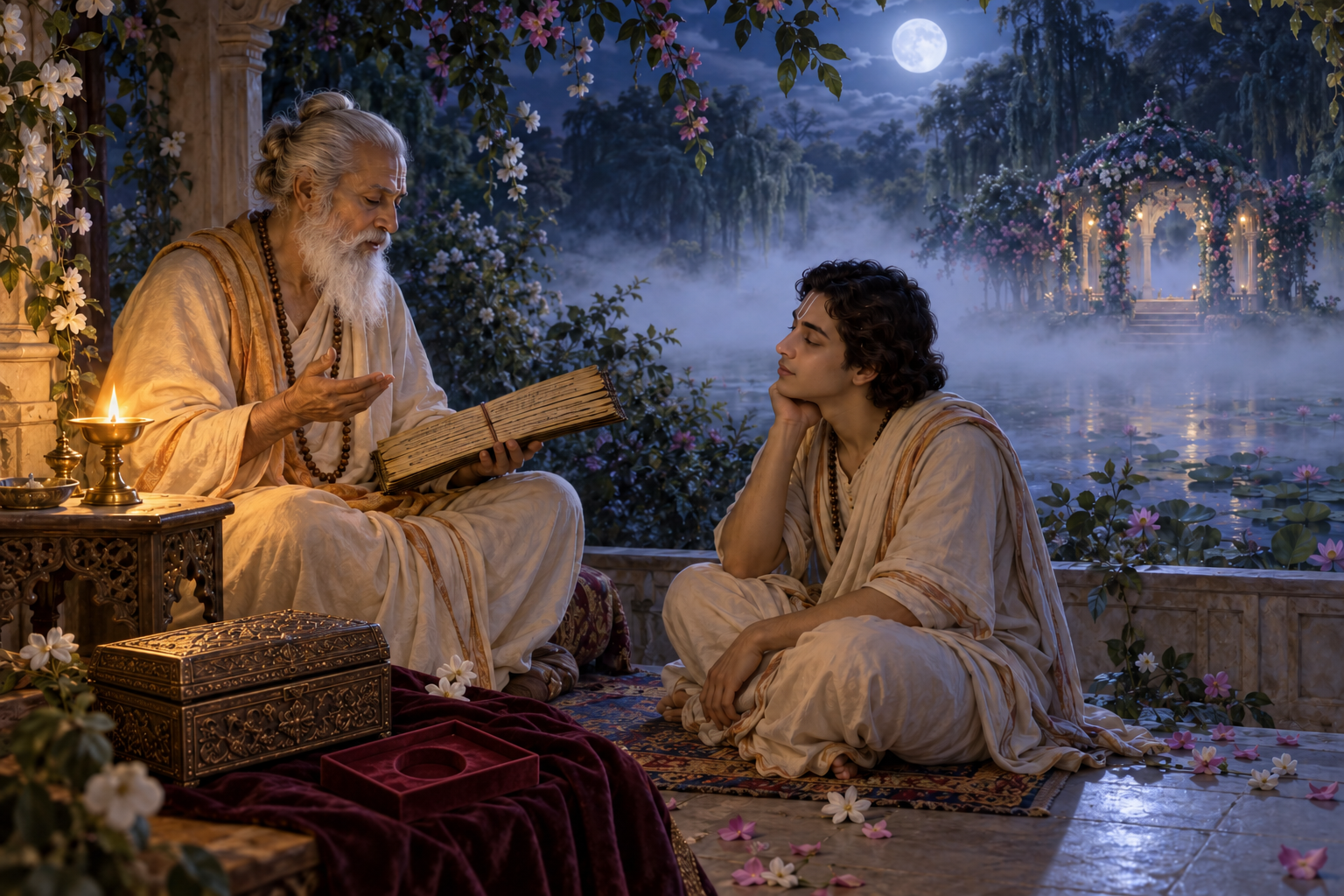 A seated devotee listens to an elderly teacher beside an open manuscript, with a closed jewelry casket and a misty moonlit grove beyond them.