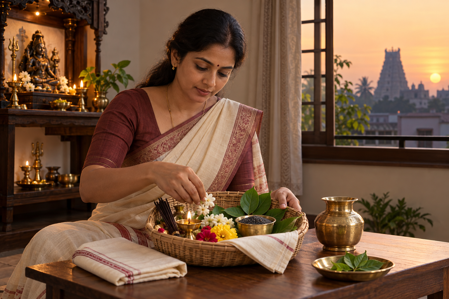 A devotee prepares a modest puja basket at home while a home shrine and a distant temple are visible in the setting.