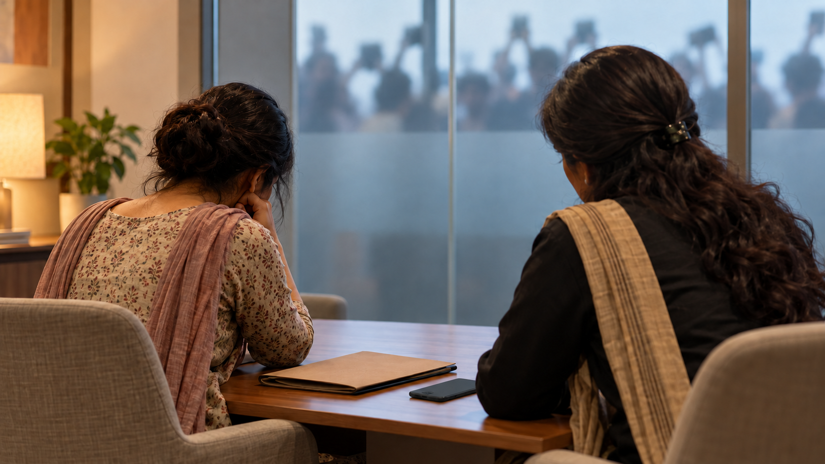 A woman speaks privately with a female advocate in a warmly lit room while blurred crowd silhouettes remain behind frosted glass.