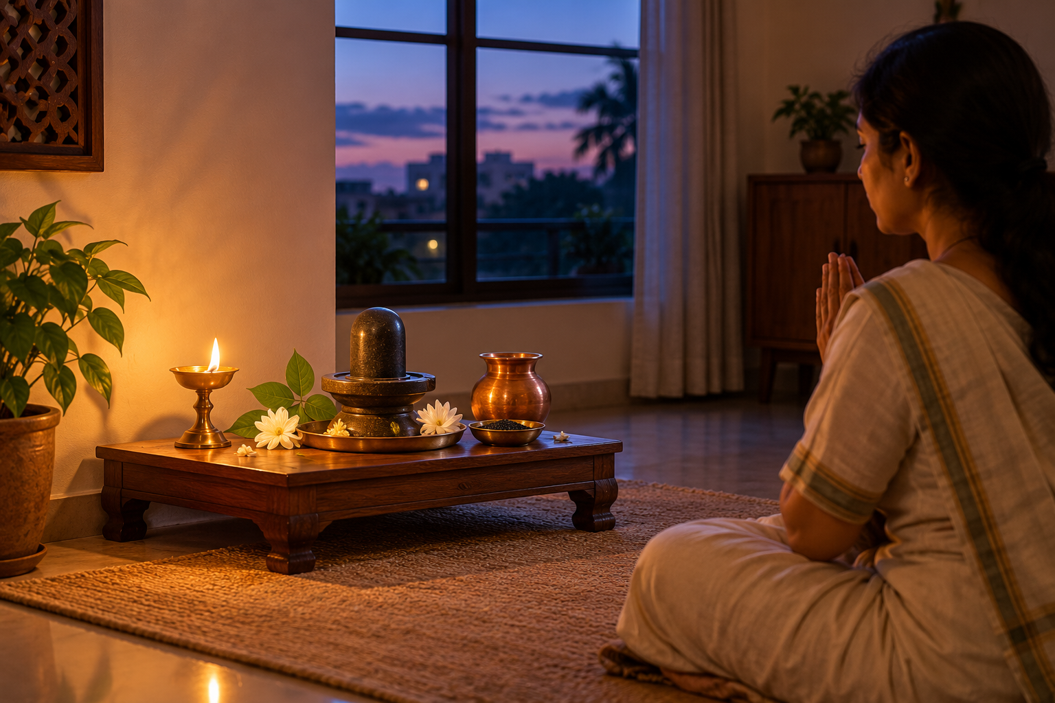 A devotee prays before a simple home altar with a Shiva linga, oil lamp, water vessel, bilva leaves, flowers, and black sesame.