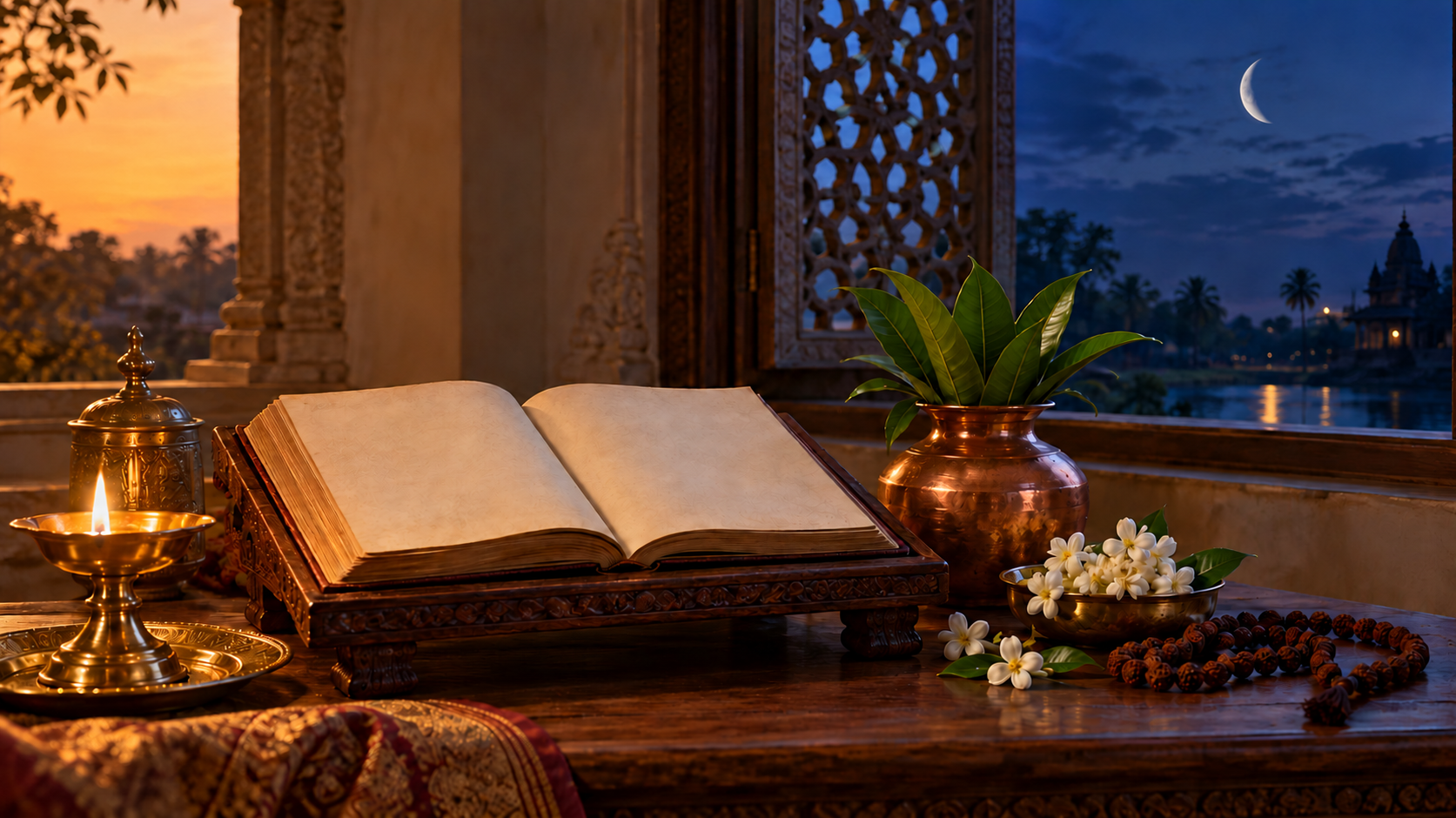 Brass diya, copper kalash, jasmine flowers, prayer beads, and a blank manuscript beside a window under a waning moon.
