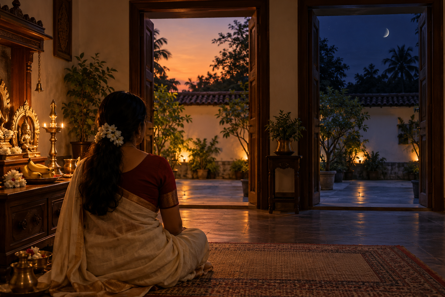 A worshipper waits beside a home altar as warm twilight shifts into an indigo, moonlit night.