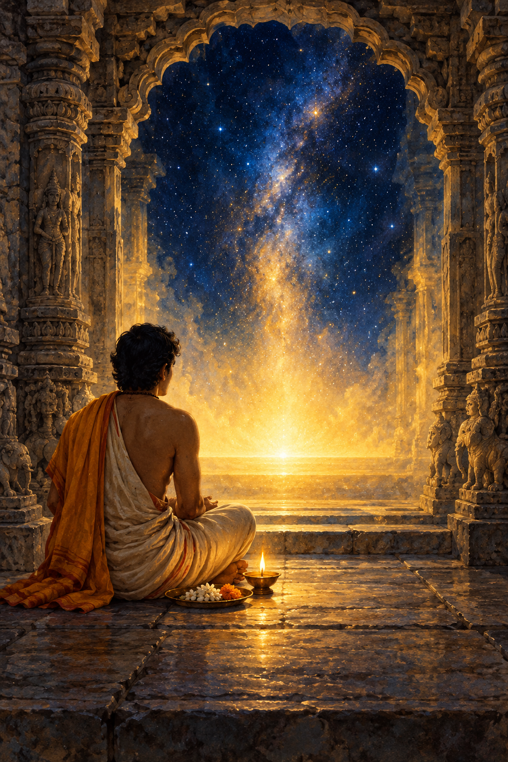 A devotee sits with an oil lamp and flowers at the entrance to a temple sanctum that opens into golden light and a starry blue expanse.