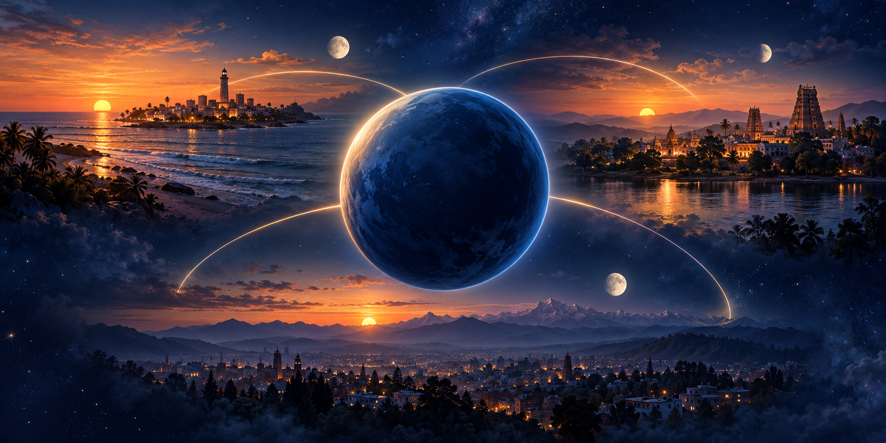 An unlabeled globe is surrounded by coastal, temple-town, and northern city horizons beneath differently positioned sun and moon.