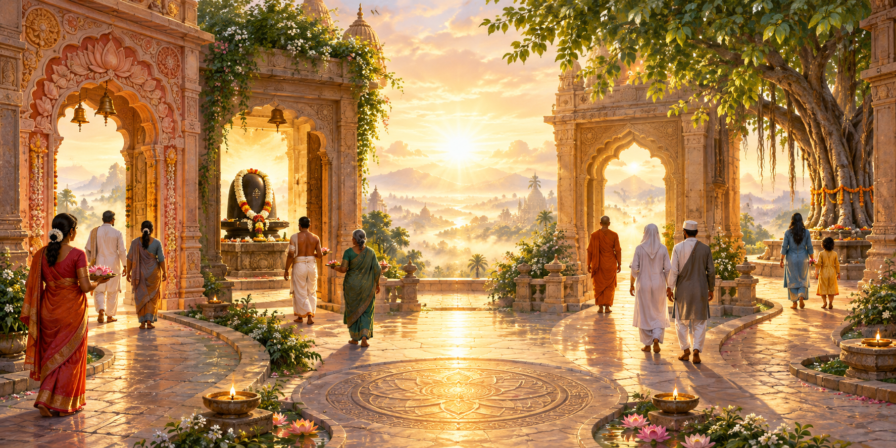 Different worshippers walk through several temple doorways and garden paths toward the same central golden light.