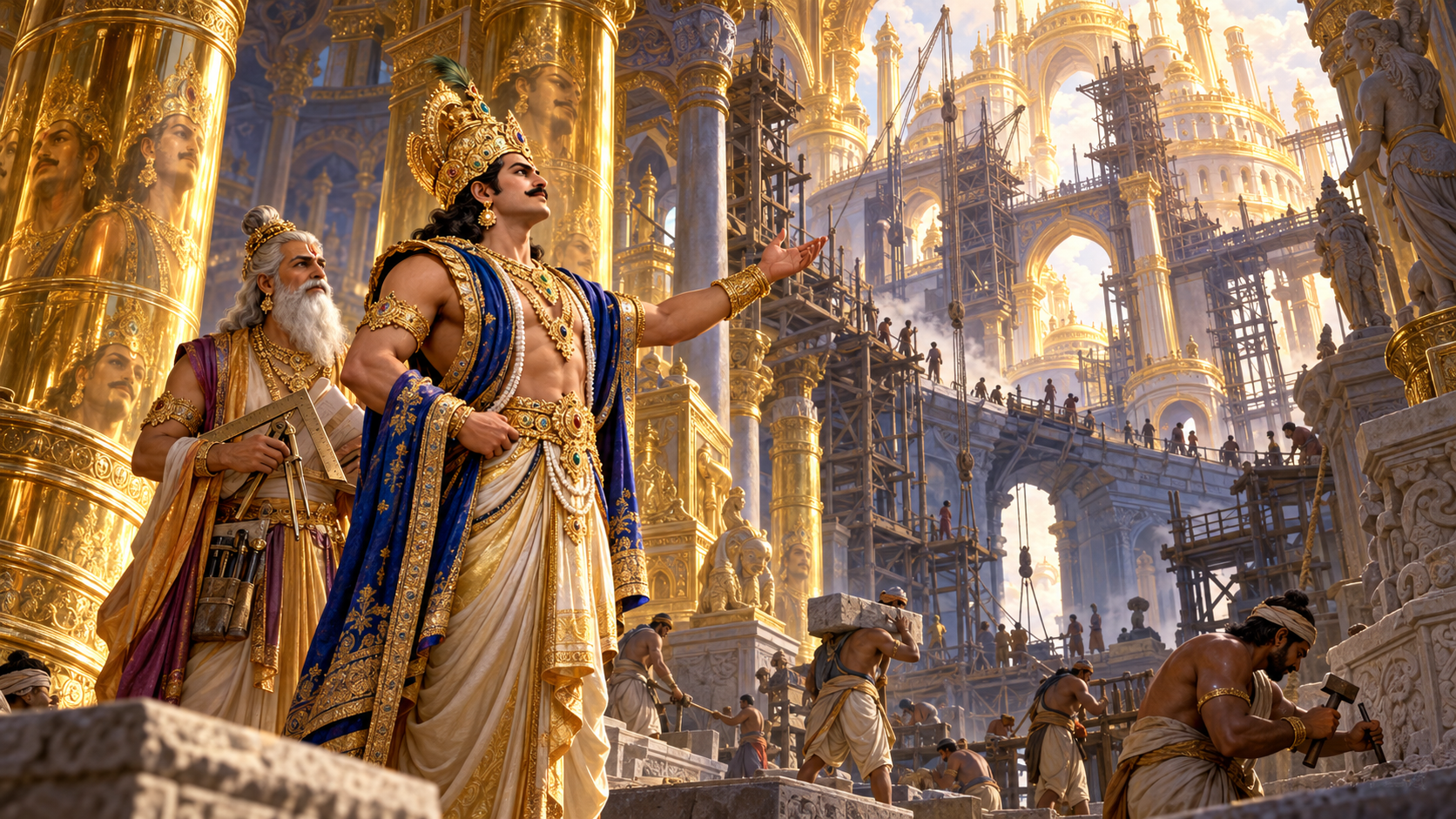 Indra gestures toward another palace expansion while Vishwakarma and celestial artisans stand among golden pillars, scaffolding, and unfinished towers.
