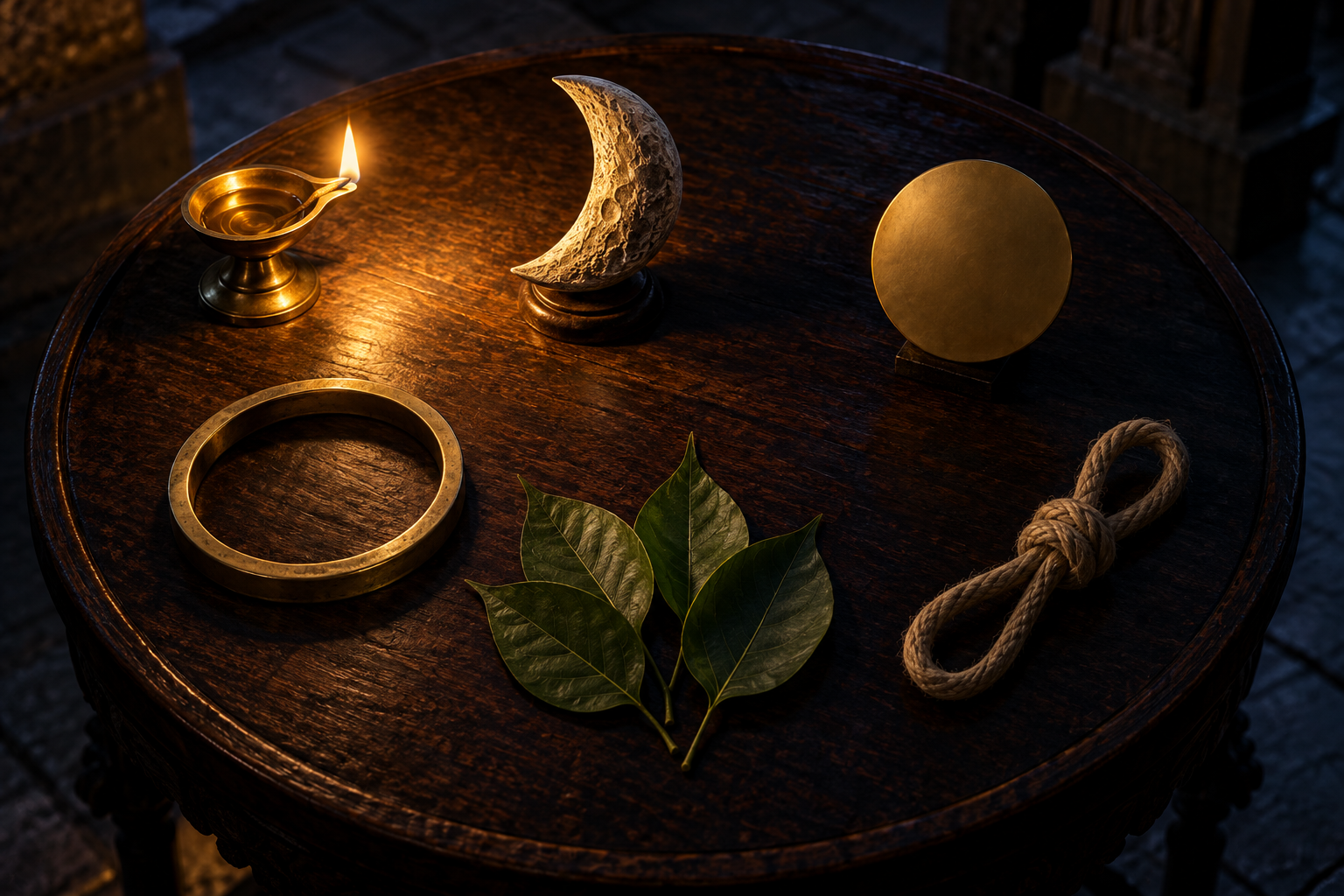 Five symbolic objects rest on a circular wooden surface, with only the moon sculpture illuminated by an oil lamp.