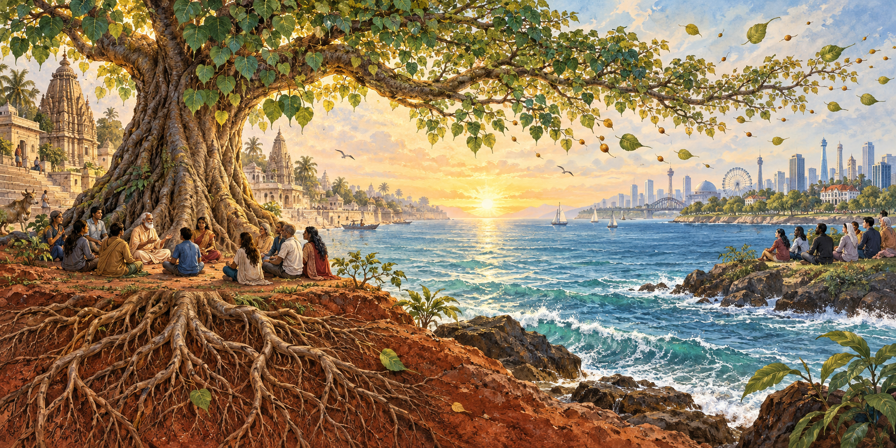 A sacred fig tree rooted on an Indian riverbank extends its branches across the ocean to shelter diverse groups gathered on a distant shore.