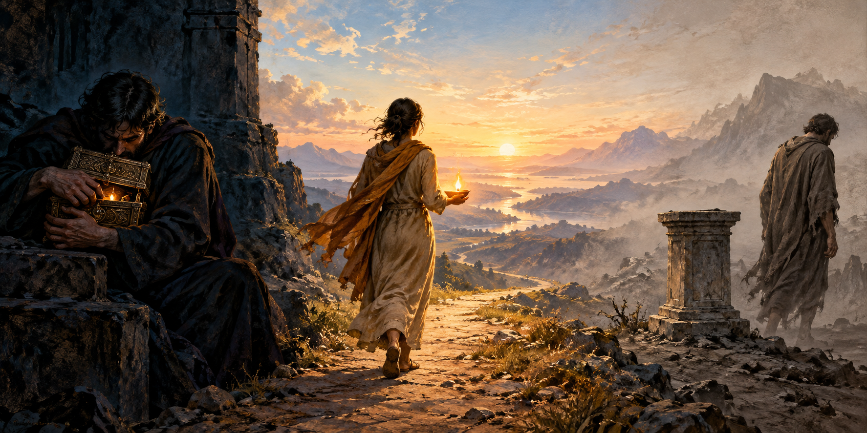 A seeker carries an open lamp along a middle path between a boxed-in lamp on one side and an empty pedestal on the other.