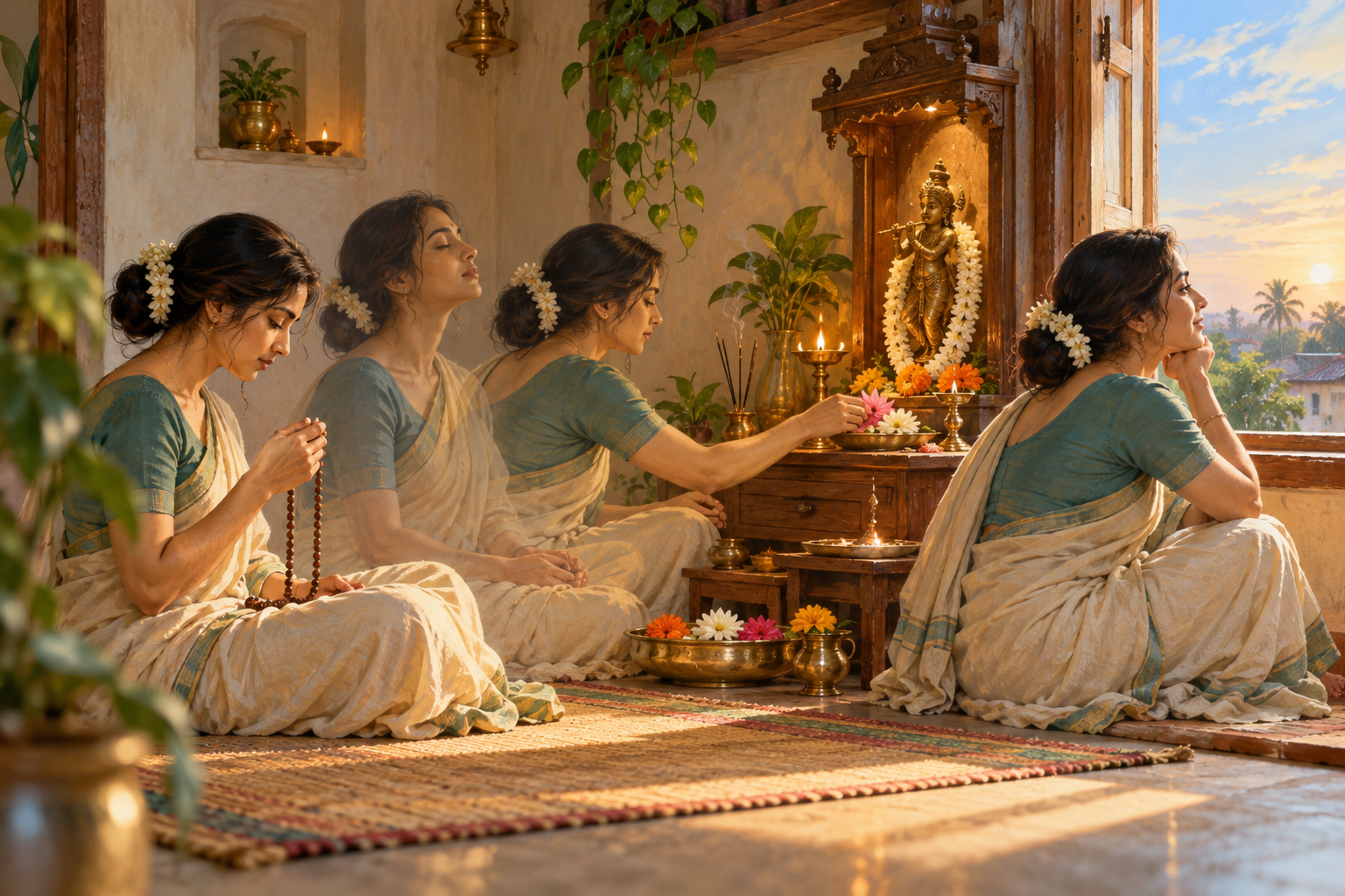 A practitioner sits at a home prayer space with beads, a flower, and an oil lamp beside an open sunlit window.