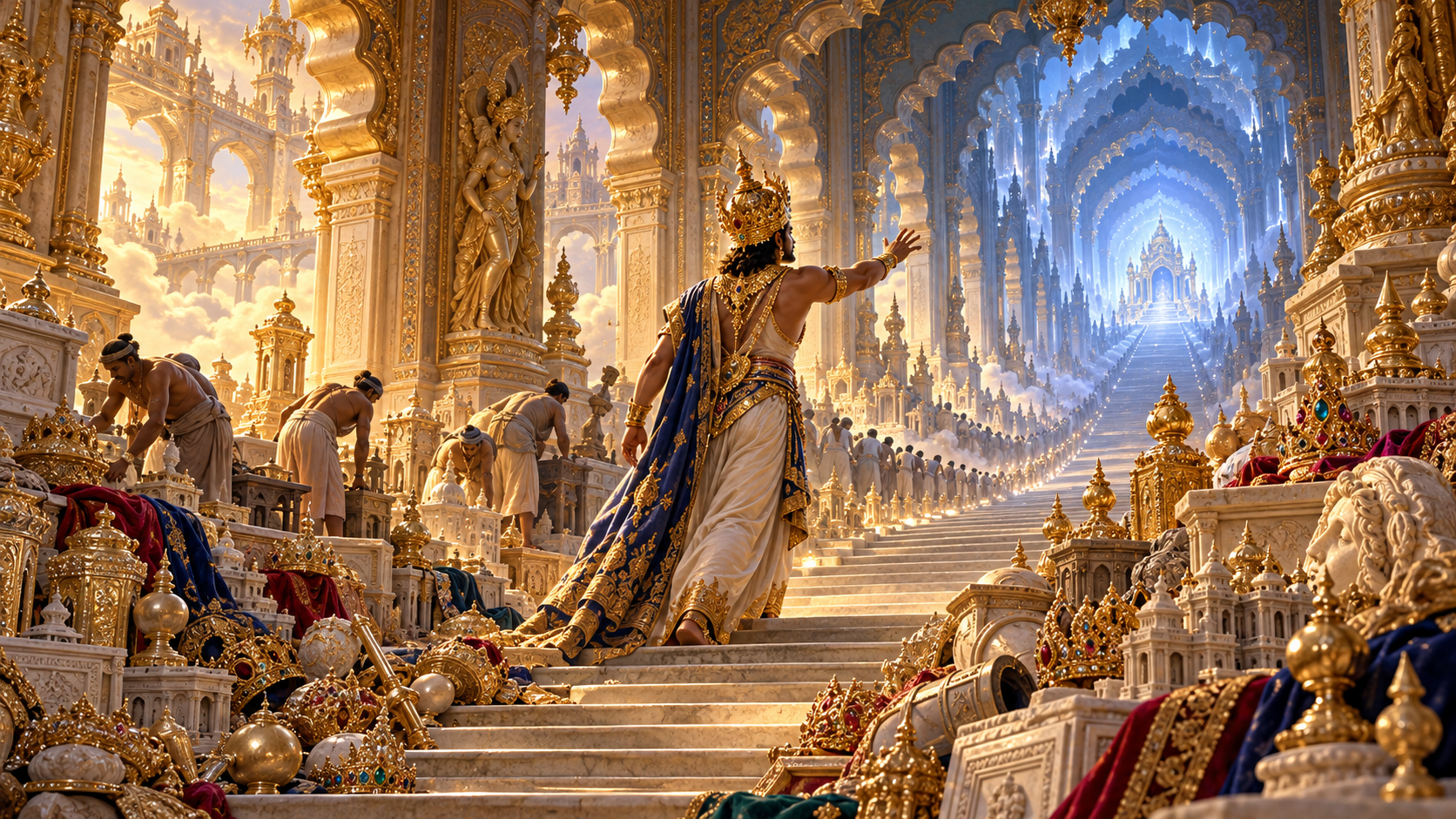 A royal figure walks through an endless sequence of increasingly ornate palace arches as discarded decorations and tired artisans remain behind him.