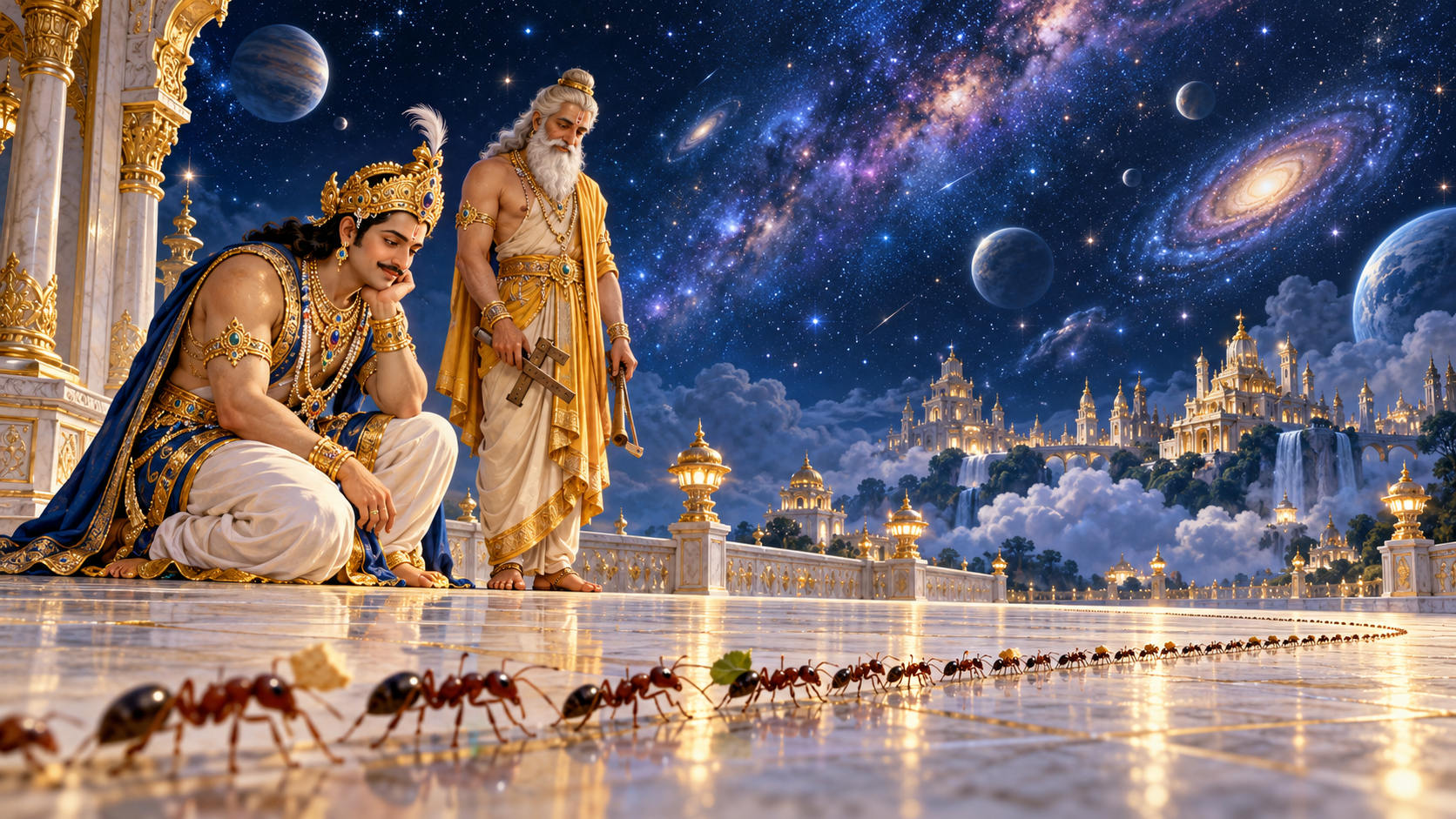 Indra kneels beside Vishwakarma and watches a procession of ants beneath a star-filled sky above the celestial palace courtyard.