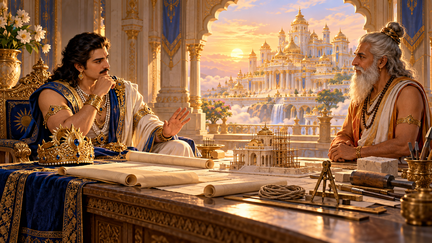 Indra pauses beside his removed crown and rolled building plans while Vishwakarma waits in the light of the completed palace.