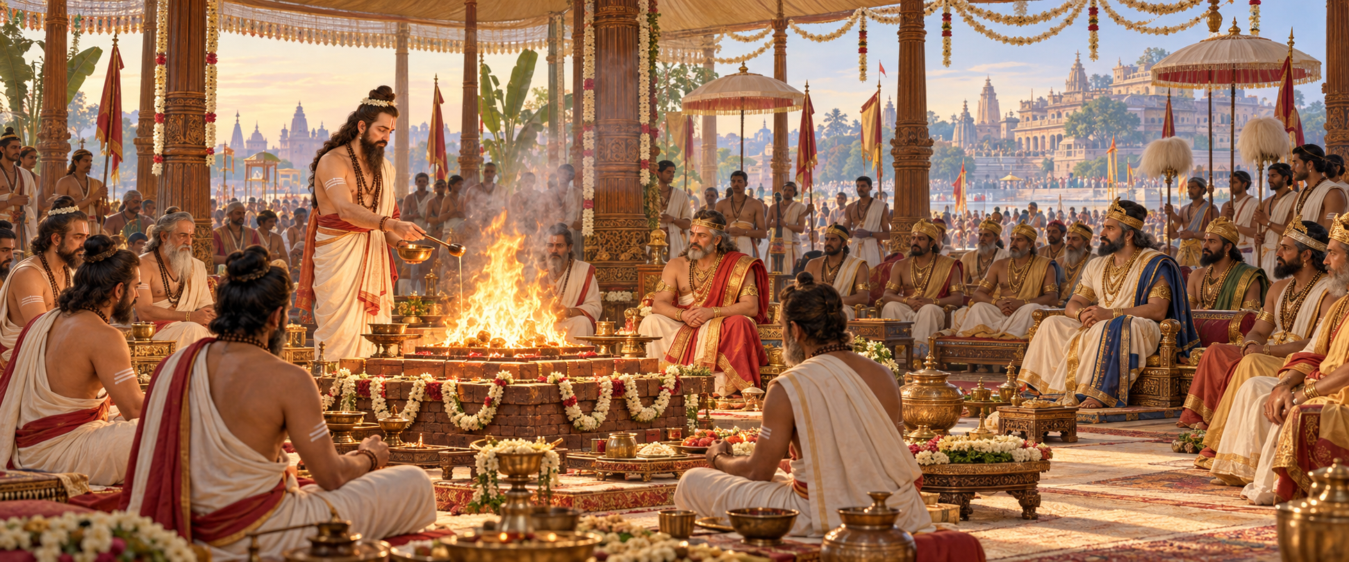 King Dasharatha attends a Vedic fire sacrifice in Ayodhya while King Janaka sits among the assembled royal guests and priests.