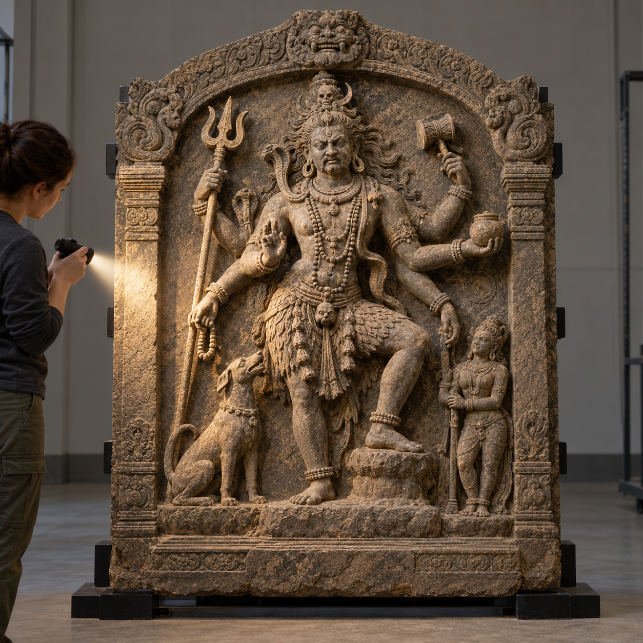 A conservator uses angled light to examine a complete weathered deity relief whose hands, attributes, attendant, and pedestal remain visible together.