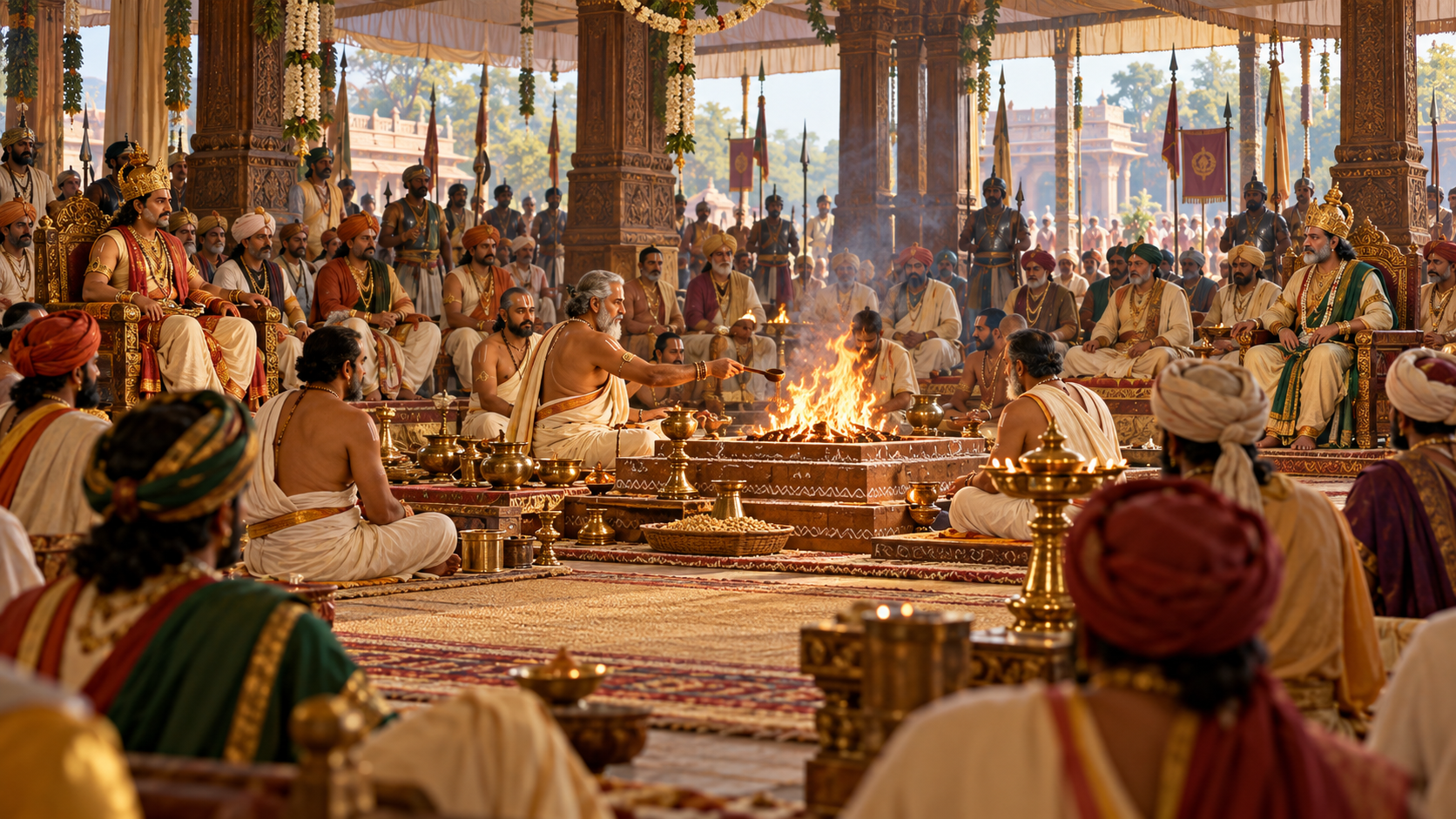 Dasharatha and Janaka sit apart within a public assembly of rulers and priests watching the sacrificial fire ritual.