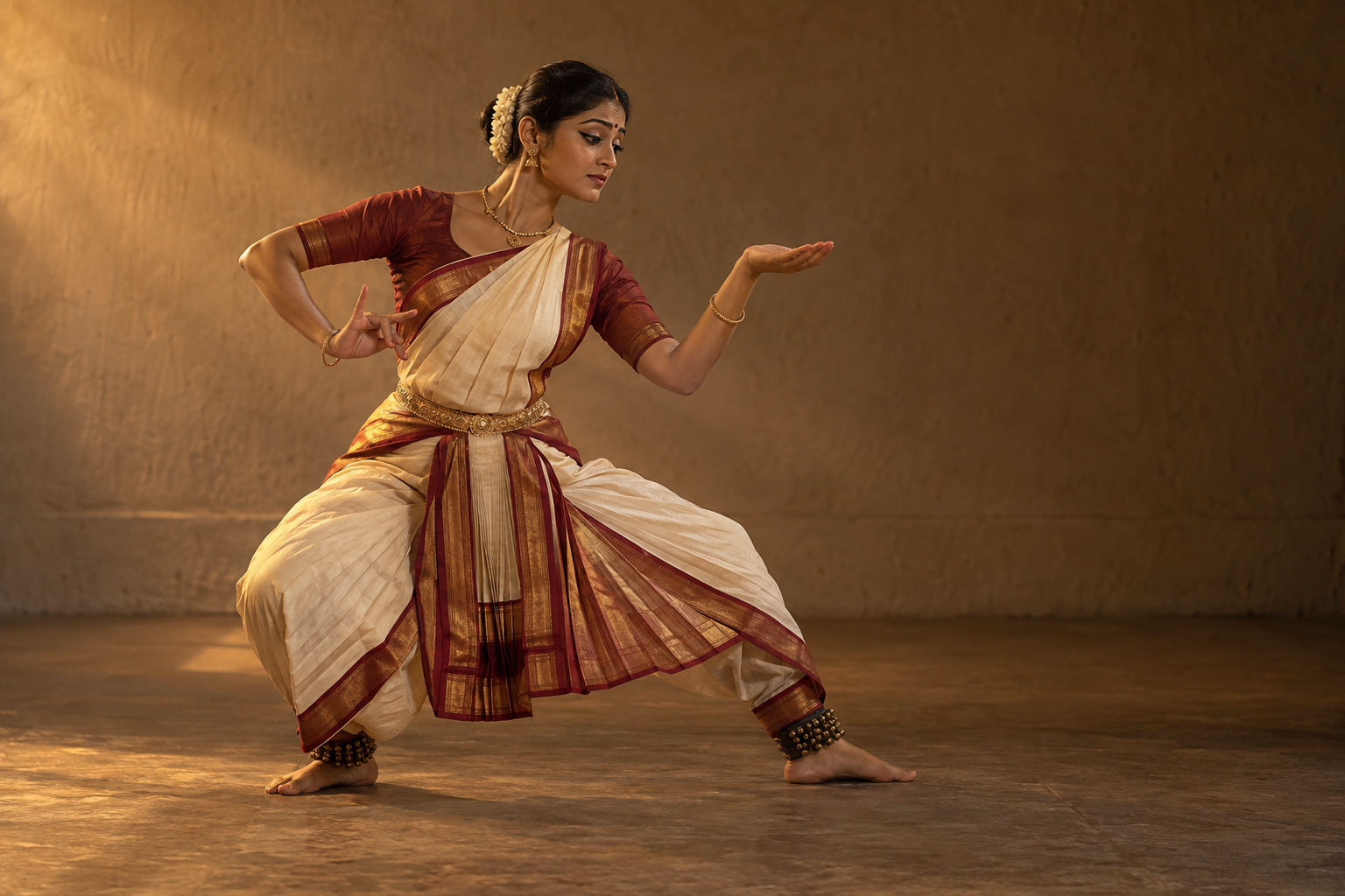 Classical Indian dancer in a rehearsal space directs a focused gaze toward a shaped hand held as though it supports a small bowl.