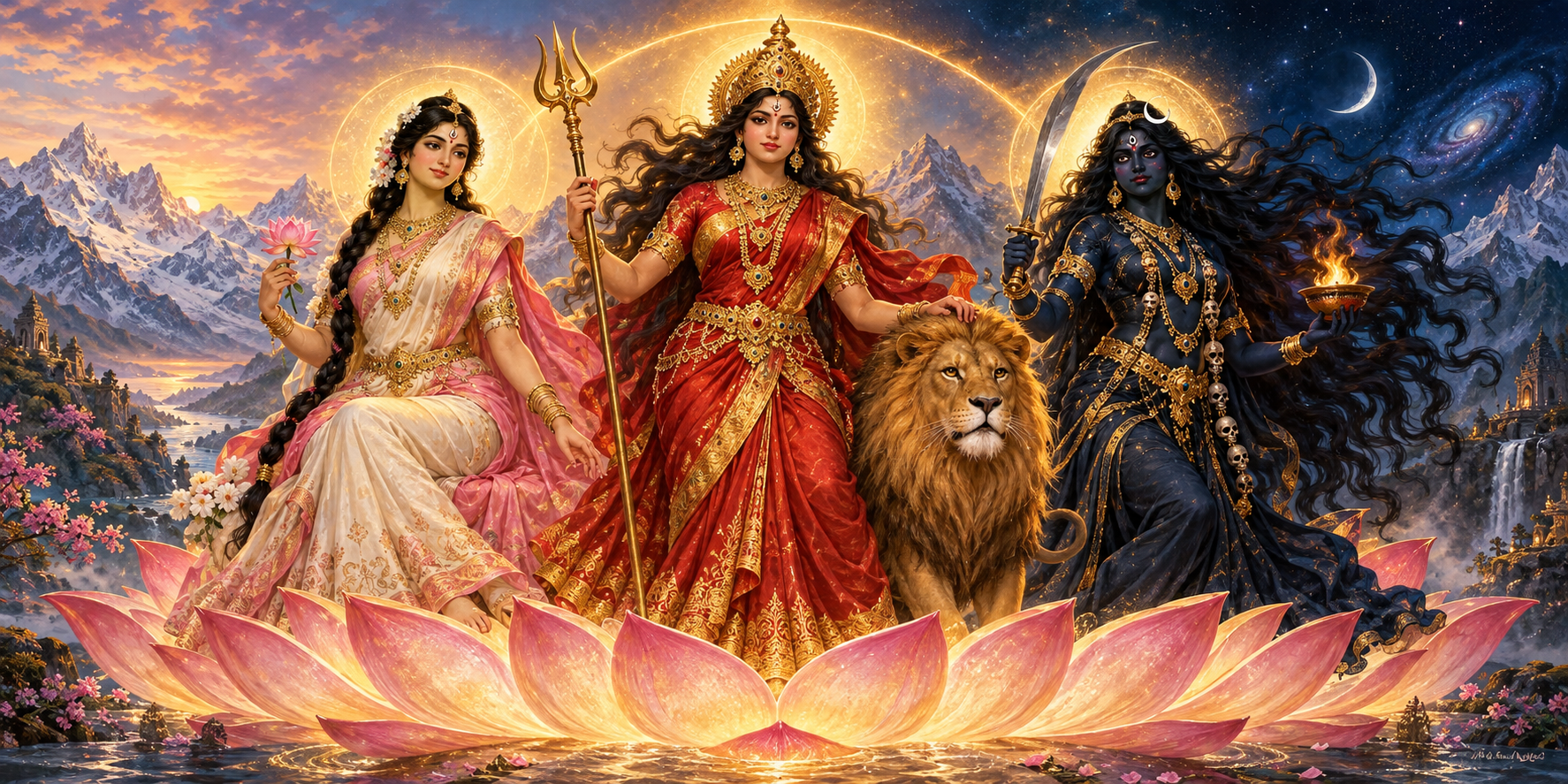 Parvati, Durga, and Kali appear as three connected forms of Devi, distinguished by gathered, moving, and freely flowing hair above a shared lotus.