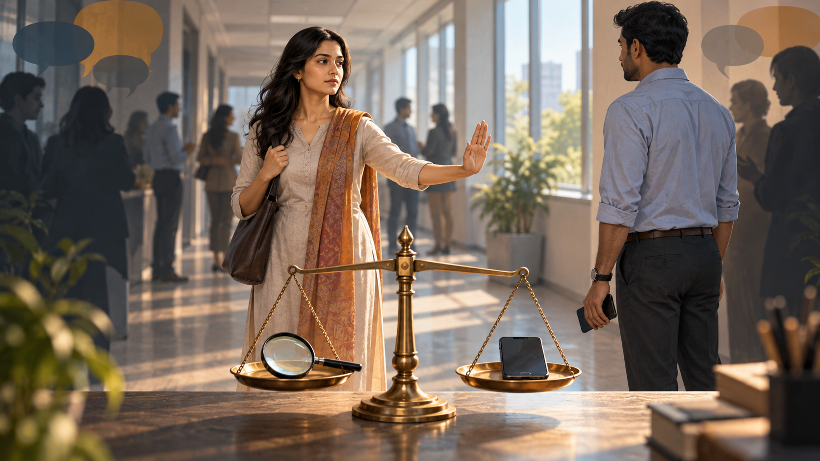 Editorial illustration of a woman setting a boundary near a man with a lowered phone, with balanced scales and a magnifying glass in the foreground.