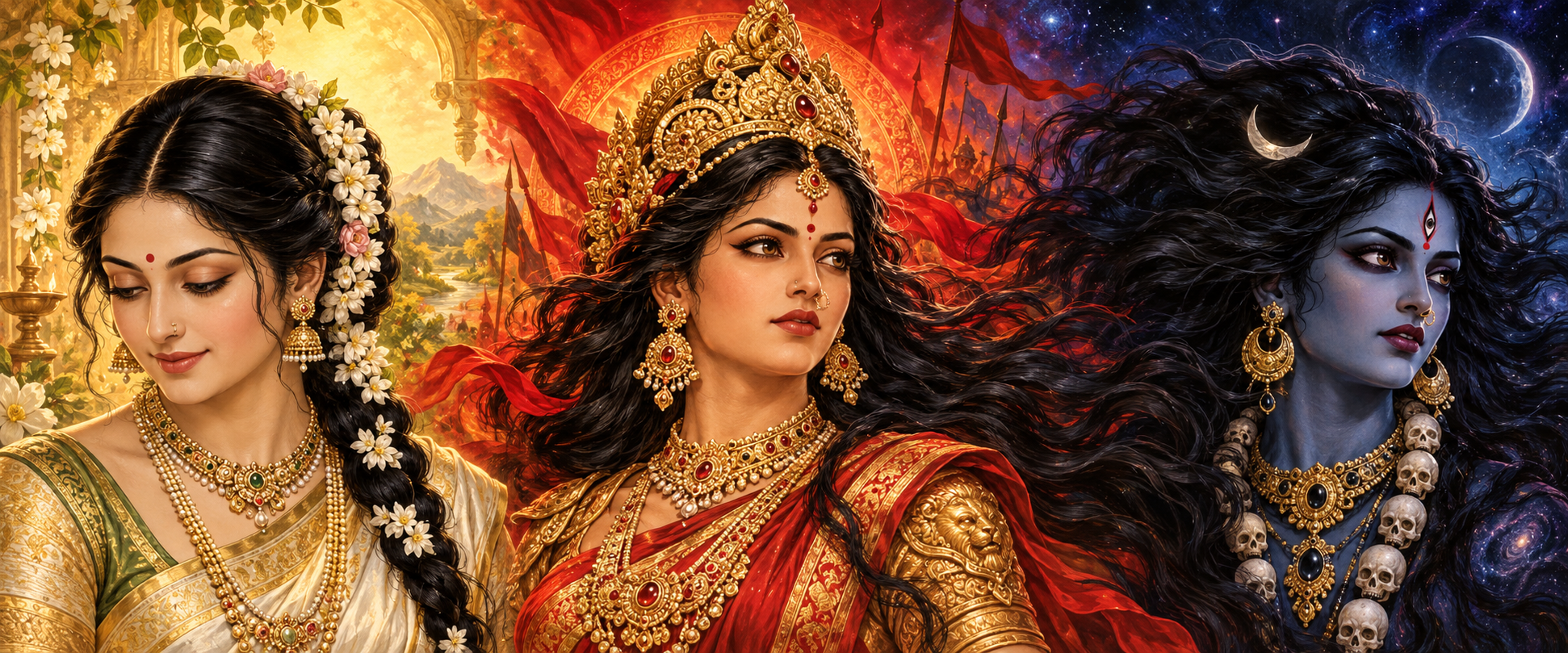 Three equal close views show Parvati with gathered braided hair, Durga with partly secured hair in motion, and Kali with long unbound hair.