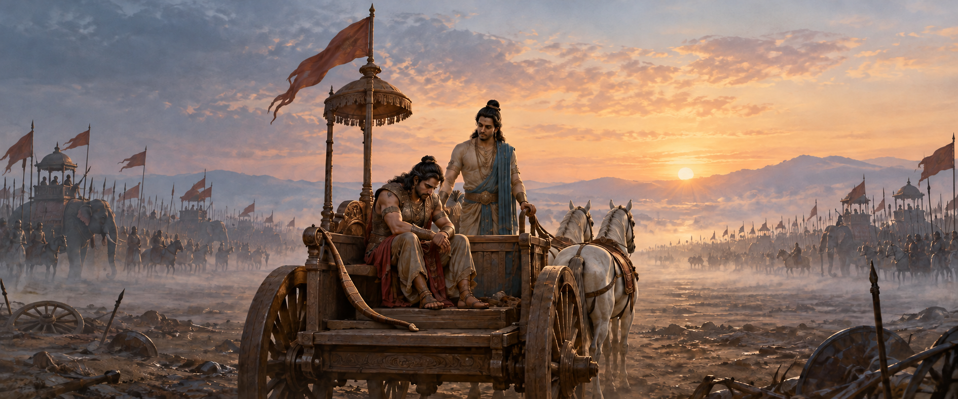 A despondent archer sits in a chariot beside a calm charioteer as two distant armies fade into the morning haze.