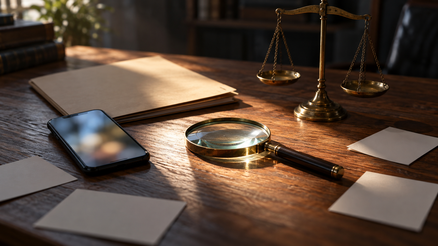 A magnifying glass, blank evidence cards, a phone and balanced scales sit on a partially illuminated investigation table.