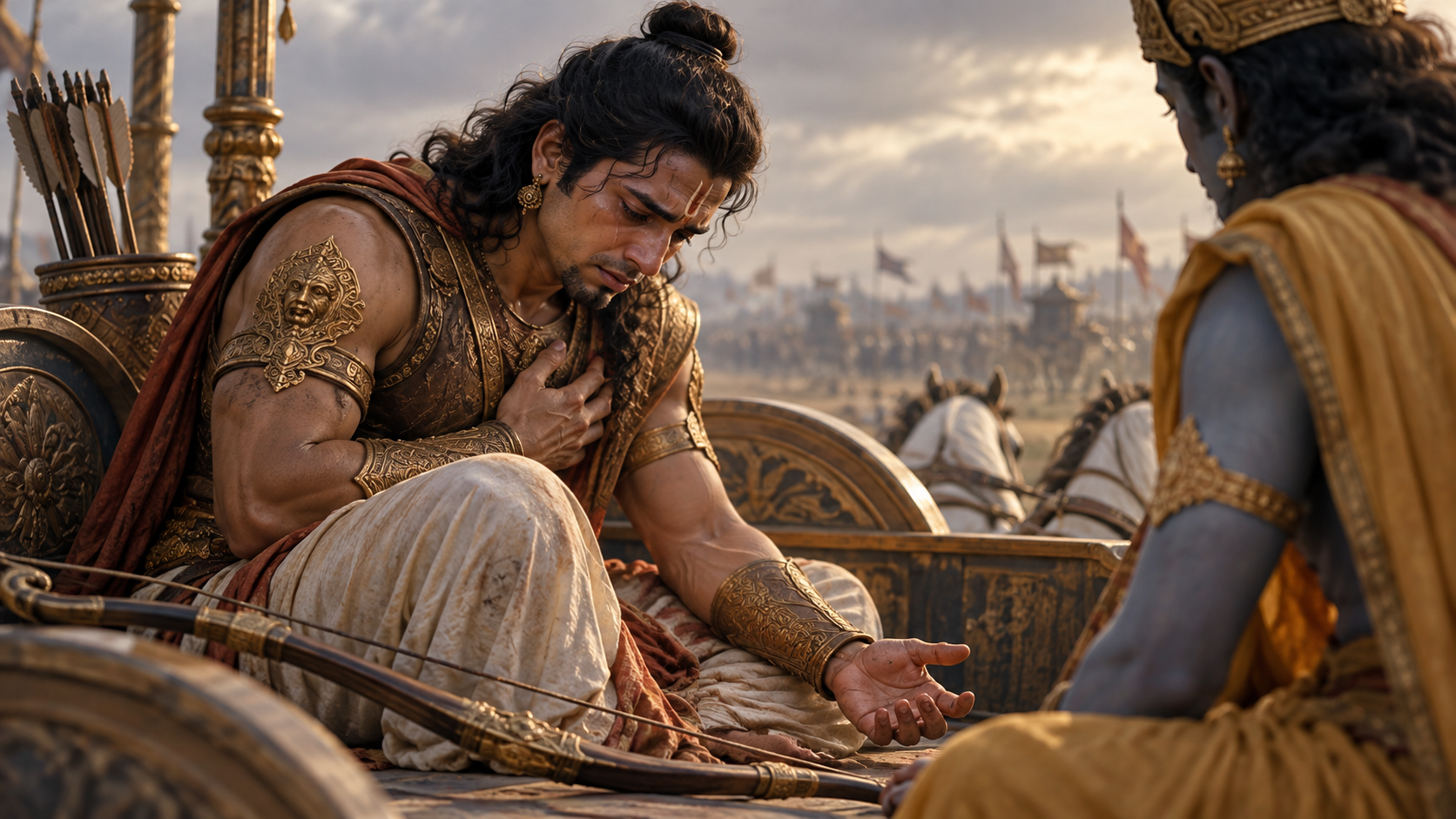 An exhausted ancient archer sits beside his lowered bow while a charioteer remains quietly present nearby.