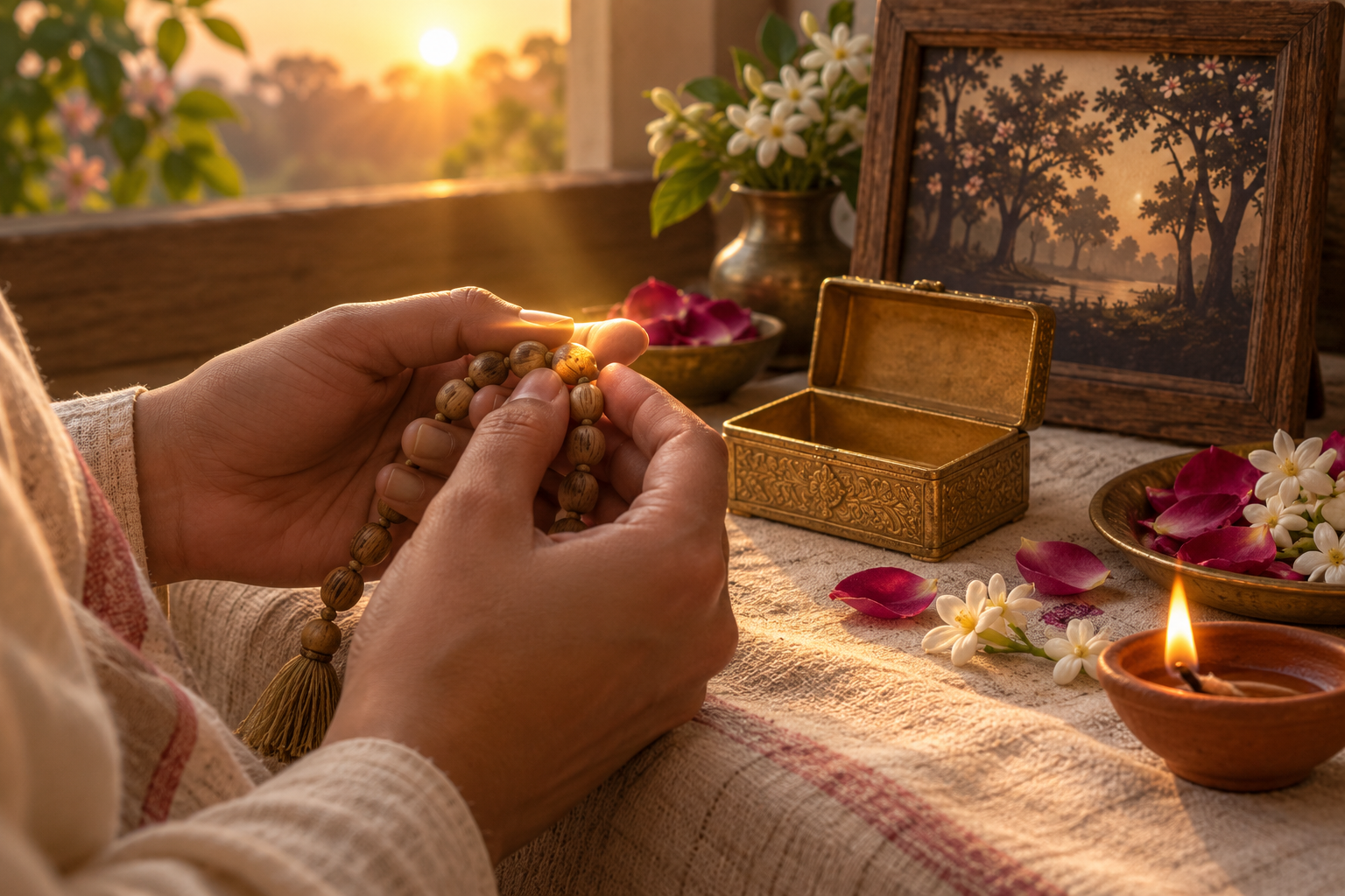 Hands hold tulasi prayer beads above a simple altar with flowers, an oil lamp, and a small empty gold ornament box.