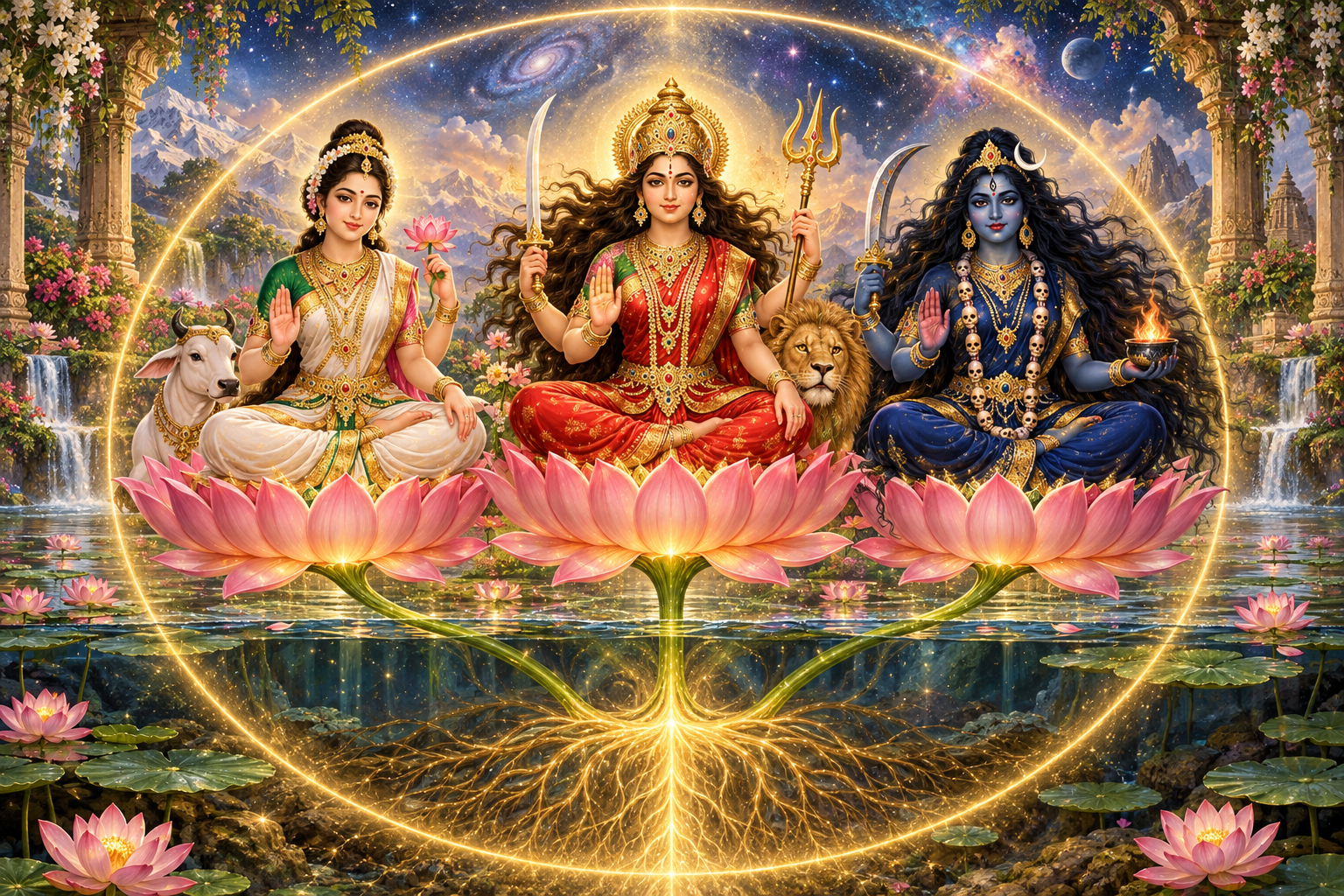 Parvati, Durga, and Kali sit at equal height on lotus blossoms connected to one luminous root, with their hair arranged in three distinct ways.