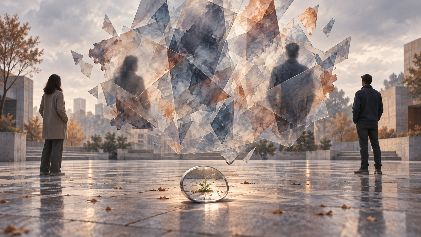 Two anonymous figures are separated by a translucent distorted haze, while a clear lens focuses a small area between them.